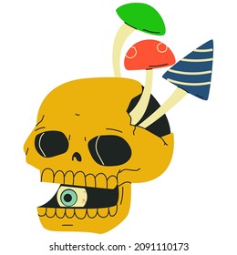 Psychedelic skull with mushroom and eye vector cartoon sticker isolated on a white background.