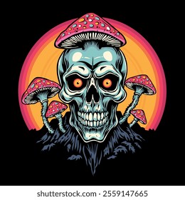 Psychedelic skull with mushrooms colorful vector illustration. Cyberpunk hand drawn art for t shirt print, sticker design. Isolated on white background