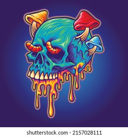 Psychedelic skull mushrooms melted colorful vector illustrations for your work logo, merchandise t-shirt, stickers and label designs, poster, greeting cards advertising business company or brands