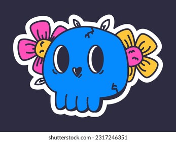 Psychedelic skull patch. Doodle emoji, trippy trendy skull sticker, groovy hallucination element flat vector illustration