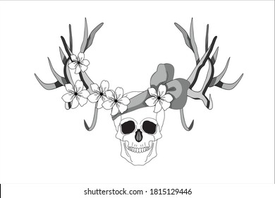Psychedelic skull. Realistic horrible colorful black and white human skull with large sharp deer antlers and flowers. Isolated over white background.
