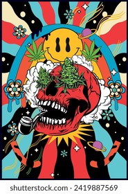 Psychedelischer Schädelraum. Acid-Reisevektor. Planeten, Sterne, Cannabis, Unkraut, Blumen, auf der ganzen Welt. Funny Skull Lächelkunst