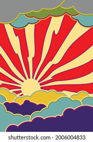 Psychedelic Sky Vector Illustration, Sun and Clouds 1960s Hippie Art style