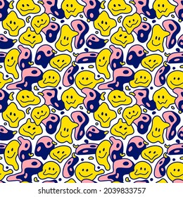 Psychedelic smile face and Yin Yang seamless pattern background.Vector cartoon  illustration wallpaper art.Trippy bright retro lsd print,Yin Yang,smile smiley face seamless pattern print art concept