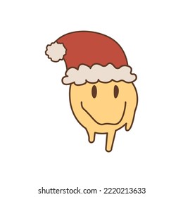 Psychedelic smile with Santa hat. Trippy smiling face. Merry Christmas and Happy New Year vector sticker in 60s 70s retro style. Groovy winter holiday elements. Positive hippie xmas icons. 
