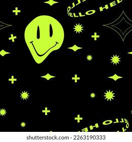 Psychedelic smile seamless pattern. Trippy background with surreal element. 90s style pattern. Melting smile sticker