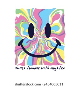 Psychedelic smile vector illustration.Smile face vector.Vintage print and pattern.Design for t shirt graphic for kids.Abstract wavy colorful background.Rainbow and smile.Emoji graphic design.