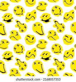 Psychedelic smiley seamless pattern. Melted smiling faces, liquid trippy groovy characters. Dripping smiling faces. Crazy smile emoticon vector illustration. Design for wrapping paper, cloth, textile.