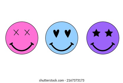 Psychedelic smilies set. Three smilies.Retro 80s, 90s vector flat icons. Retro web icons