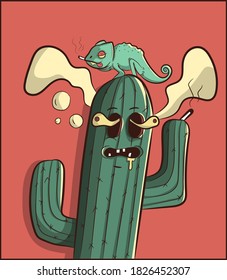 Psychedelic smoking cactus with an iguana on his head. Cartoon character being high. Funny illustration for tabasco and weed industry.