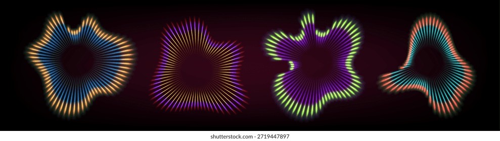 Ondas de ondulación de sonido psicodélico sobre fondo negro. Vector ilustración realista de Formas abstractas con rayas de luz de gradiente de color, señal de radar de tecnología circular, pulso hipnótico, efecto sonar