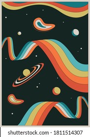 Psychedelic Space 1960s Poster Style, Vintage Color Background, Banner Template 