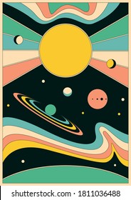 Psychedelic Space 1960s Style Background, Poster Template, Planets, Sun, Galaxy