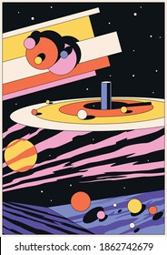 Psychedelic Space Abstract Illustration, Geometric Shapes 1970s-1980s Style 