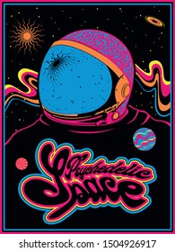 Psychedelic Space Art, 1960s, 1970s Cover, Poster Style, Astronaut Helmet, Celestial Bodies, Psychedelic Colors