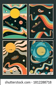 Psychedelic Space Backgrounds, Cover, Poster Templates 1960s, 1970s Style, Abstract Shapes, Vintage Colors