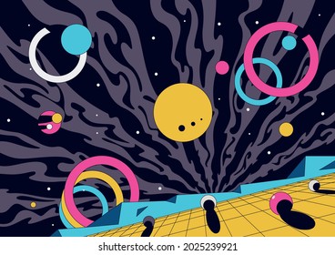 Psychedelic Space Illustration, 1980s Style Abstract Shapes, Perspective Grid