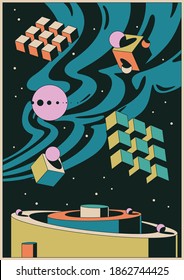 Psychedelic Space Illustration, Abstract Geometric Shapes Background 1970s-1980s Style 