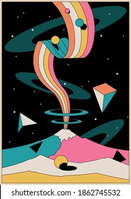 Psychedelic Space Illustration, Abstract Shapes Background 1970s-1980s Style 