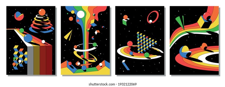 Psychedelic Space Illustration Set, Abstract 3D Shapes, Rainbows, Stripes Geometric Backgrounds