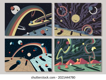 Conjunto de ilustraciones de espacio psicodélico, Formas abstractas, Cuadrícula de perspectiva, Colores vintage