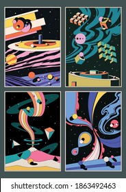 Psychedelic Space Illustration Set, Geometric Shapes, Abstract Fantasy Worlds