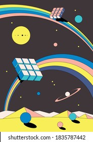 Psychedelic Space Illustration, Vintage Colors and Abstract Shapes