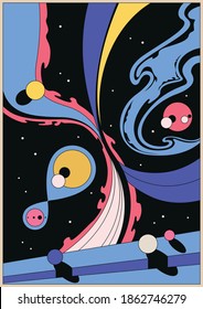 Psychedelic Space Illustrations, Abstract Geometric Shapes 1970s-1980s Style 