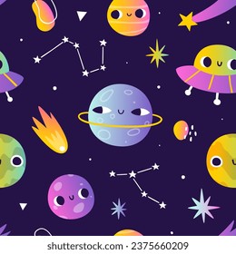 Psychedelic space pattern with abstract gradient planet. Surreal cosmic seamless vector print for kids.