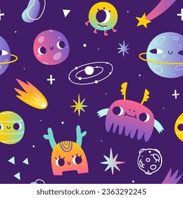 Psychedelic space pattern with abstract planet and aliens. Surreal colorful cosmic seamless vector print.