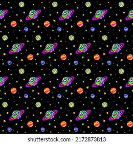 Psychedelic Space Planets Vector Seamless Pattern. Awesome for classic product design, fabric, backgrounds, invitations, packaging design projects. Surface pattern design.