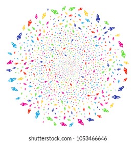 Psychedelic Space Rocket Launch salute cluster. Vector sphere salute combined by randomized space rocket launch symbols. Colorful Vector abstraction.