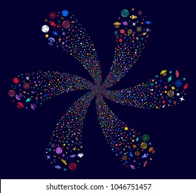 Psychedelic Space Technology Symbols exploding bang on a dark background. Vector abstraction. Psychedelic spiral composed from scattered space technology symbols symbols.