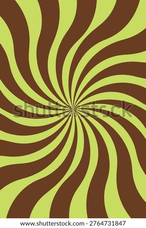 Psychedelic spiral background with wavy lime green and brown rays emanating from the center. Vector, illustration