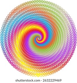 A psychedelic spiral composition consisting of rainbow-colored six-pointed star patterns, tightly arranged to form an optical vortex effect