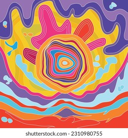 Psychedelic spiral illustration. groovy waves and circles in retro colors SSTKabstract
