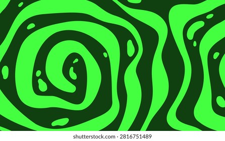 Psychedelic Spiral Pattern with Green Swirls. Green Goo Slime Halloween Background. Fun Radial Swirl Liquid Vortex. Hypnotic Groovy Twirl Effect.
