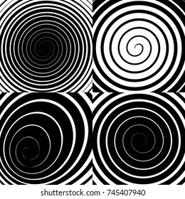 Psychedelic spiral with radial rays, swirl, twisted comic effect, vector set.