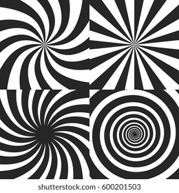 Psychedelic spiral with radial rays, twirl, twisted comic effect, vortex backgrounds - vector set