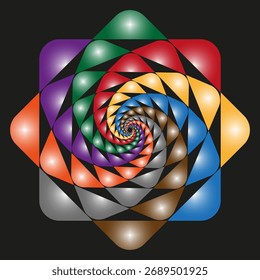 Quadrado espiral psicodélico. Forma geométrica do arco- íris. Ilusão de vetor de rotação colorida. Design dinâmico abstrato. EPS 10.