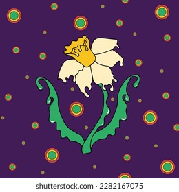 Psychedelic spring flower. Modern and funny summer flower with flowing texture. Crazy narcissus vector illustration in 90s style.
