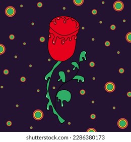 Flor de primavera psicodélica. Flor de verano moderna y divertida con textura fluida. Ilustración vectorial de Rosa Loco en estilo de los años 60.