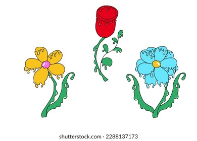 Flores de primavera psicodélicas aisladas de fondo blanco. Flor de verano moderna y divertida con textura fluida. Ilustración vectorial loca en el estilo de los años 70.