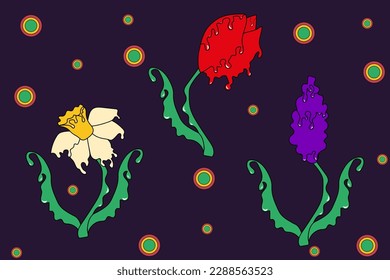 Psychedelic spring flowers. Modern and funny summer flower with flowing texture. Crazy vector illustration in retro aesthetic style.