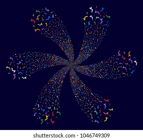 La espiral de la plaza psicodélica estalló en un fondo oscuro. Extracción vectorial. Mezcla de remolinos sugerida combinada con símbolos sqrt dispersos.