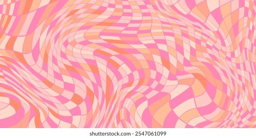 Psychedelic square chessboard in retro colors. Checkerboard background. Twisted and dynamic texture ideal for modern, tech-inspired designs, posters, flyers, music cards. 