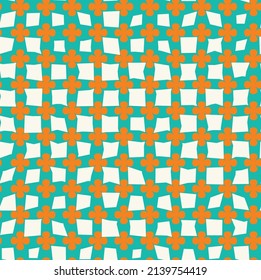 Psychedelic Squares Florals Monochrome Style Retro Seamless Minimalist Pattern Trendy Fashion Colors Perfect for Allover Fabric Print and Wrapping Paper Vector Design Tiffany Blue Orange Tones
