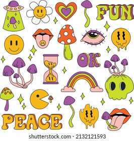 Psychedelic sticker. Cartoon abstract groovy comic funny emoji characters. Vector illustration set. 