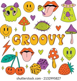Psychedelic sticker. Cartoon abstract groovy comic funny emoji characters. Vector illustration set. 