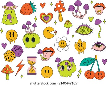 Psychedelic sticker. Cartoon abstract groovy comic funny emoji characters. Vector illustration set.